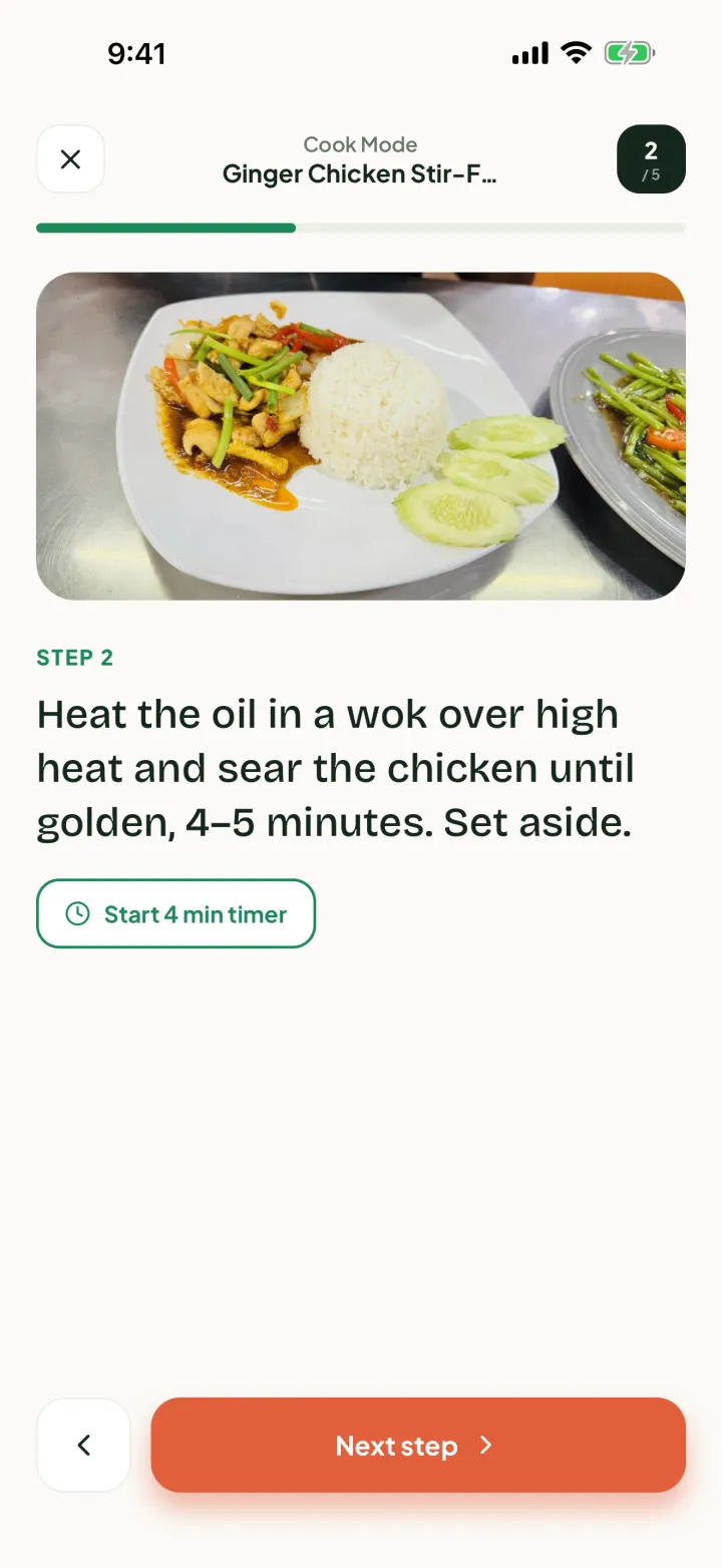 Cooklendar cook mode on step 2 of a stir-fry, with a four-minute timer ready to start