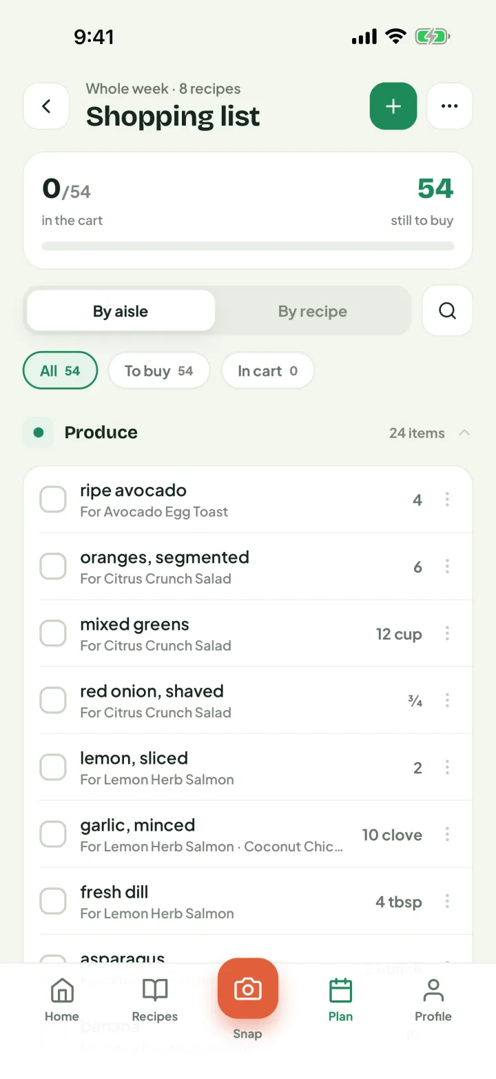 Cooklendar shopping list grouped by aisle, merging 54 items from eight recipes