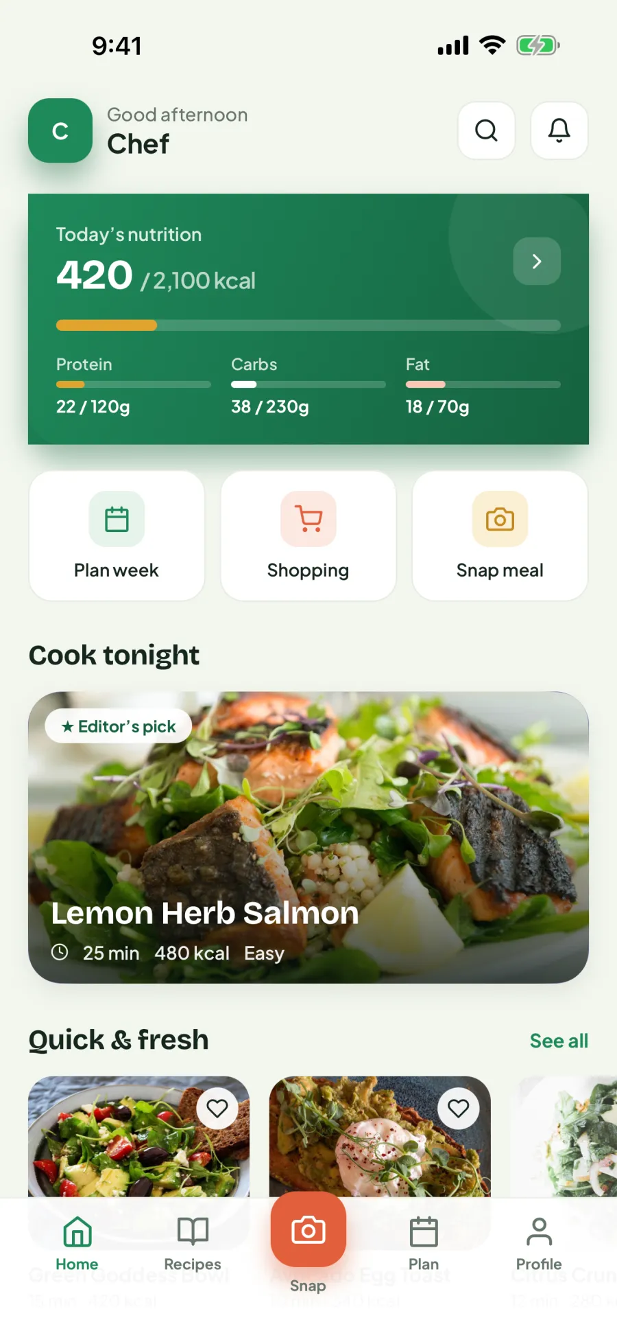 Cooklendar home screen showing today’s calories and macros, quick actions, and tonight’s recipe