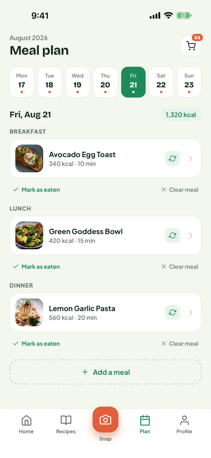 Cooklendar meal plan for Friday with breakfast, lunch and dinner, each markable as eaten