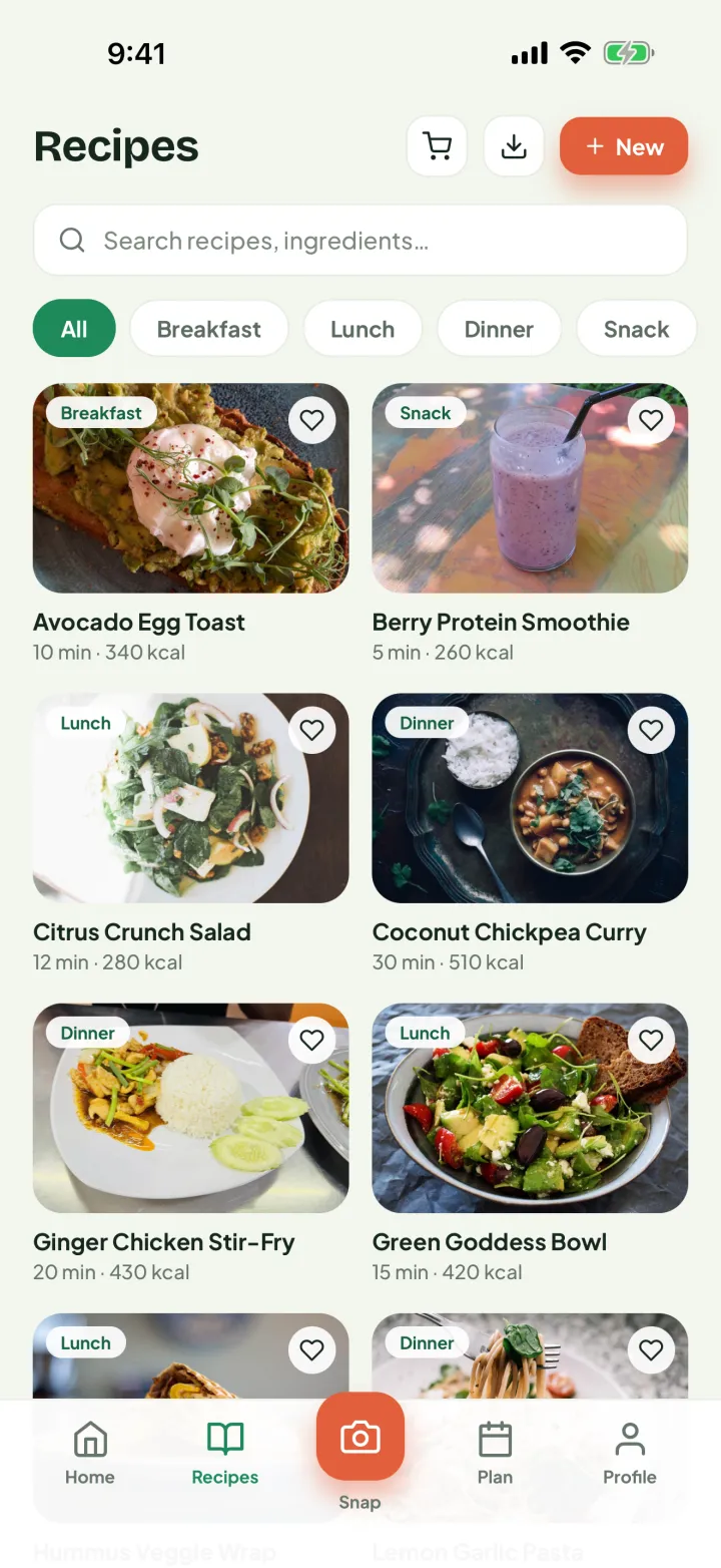 Cooklendar recipe box with a search field, meal-type filters and favourite buttons on each recipe